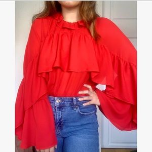 Topshop Red Ruffle Blouse